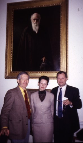 In front of portrait of Charles Darwin with Dr. Lydia Somova and Prof. Nicholai Pechurkin from the Institute of Biophysics, Krasnoyarsk, Siberia during the 4th International Conference on Closed Ecological Systems and Biospherics held at the Linnean Society of London in 1996.